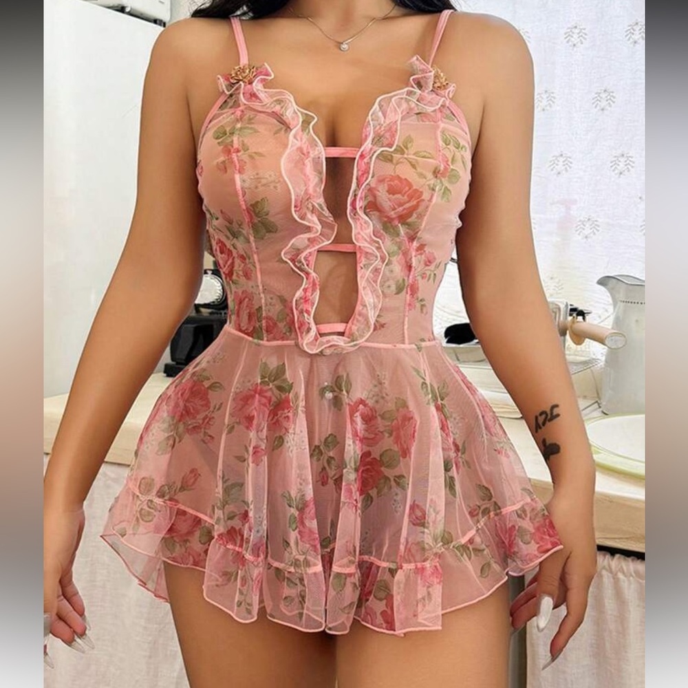 Sheer Pink Floral Ruffle Babydoll Chemise